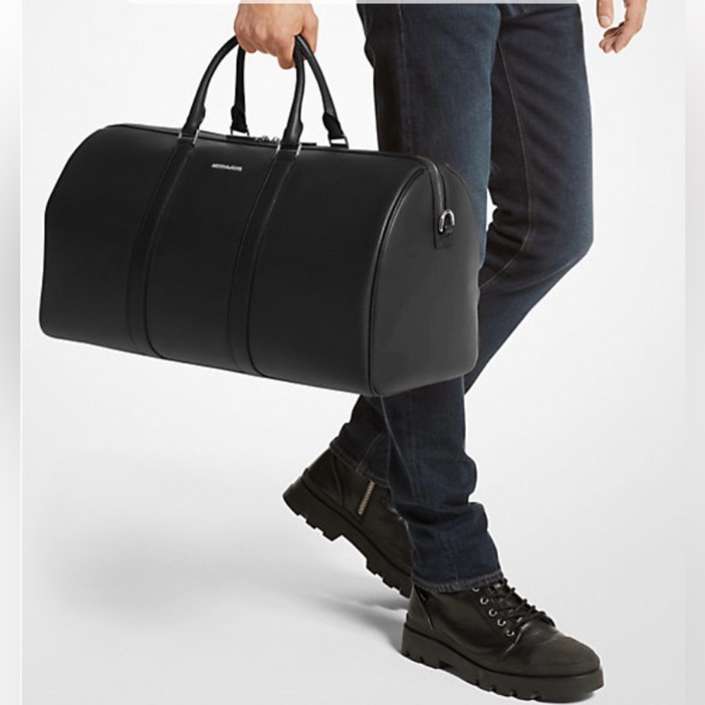 Michael Kors Cooper Faux Leather Black Duffel Bag with Silver Accents - Picture 2 of 12